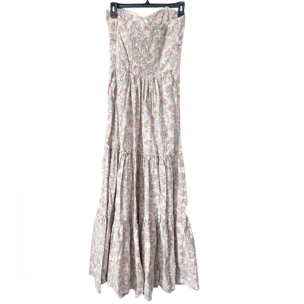 Happy X Nature Floral‎ Bohemian Cotton Strapless Tiered Maxi Dress Size XS